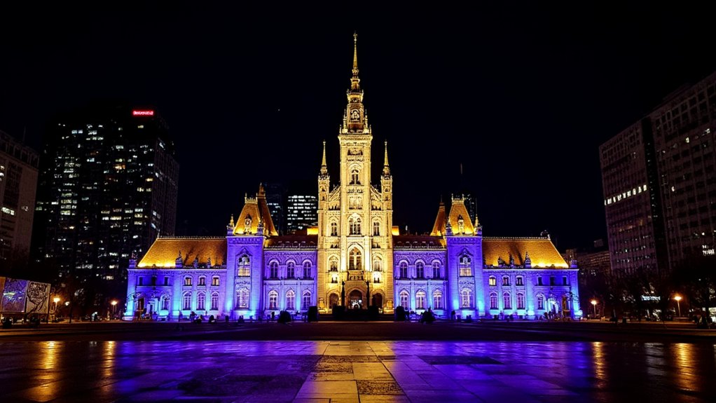 illuminated warsaw night skyline