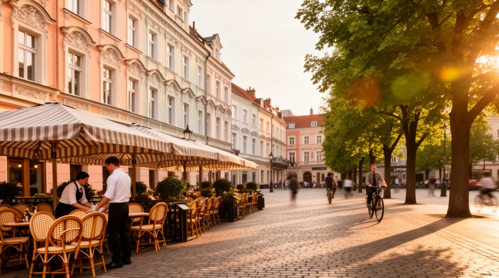 centrinė aikštė, kavinėmis išklota gatvė
