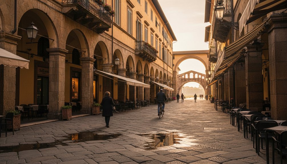renesanso arkados upės pakrantė saulėlydžio pasivaikščiojimai